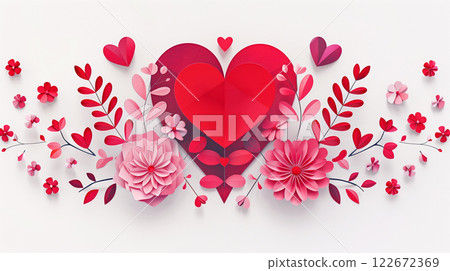 Happy valentine's day background with paper cut red hearts and flowers design 122672369