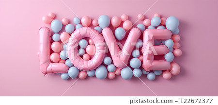 Elegant pastel-colored balloon arrangement spelling 'love' on pink background 122672377