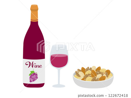 圖:碗中盛有一杯紅酒和堅果 圖:碗中盛有一杯紅酒和堅果 122672418