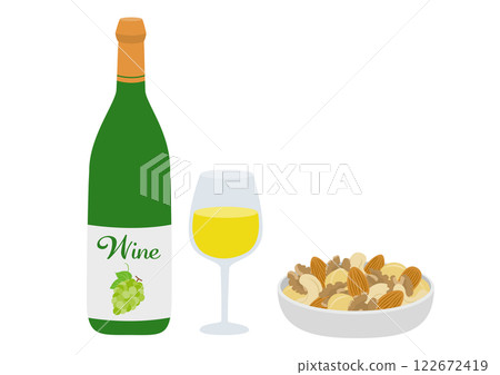 An illustration of a glass of white wine and nuts in a bowl An illustration of a glass of white wine and nuts in a bowl 122672419