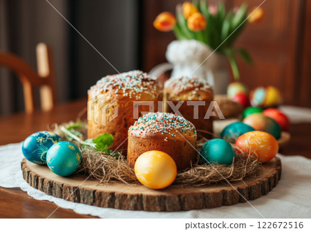Easter Celebration Features Colorful Eggs and Traditional Sweet Breads on a Wooden Platter With a Rustic Touch 122672516