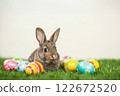 Cute Rabbit Surrounded by Colorful Easter Eggs on Green Grass in a Festive Spring Setting 122672520