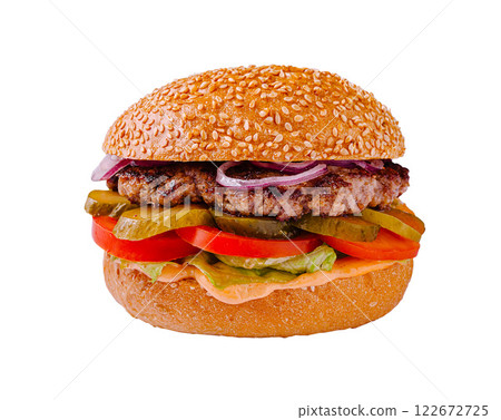 Delicious sesame seed bun hamburger with fresh toppings and juicy patty Delicious sesame seed bun hamburger with fresh toppings and juicy patty 122672725