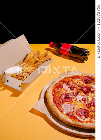 Delicious pizza, crispy chicken, and fries paired with soda create a perfect meal on a bright yellow table 122672758