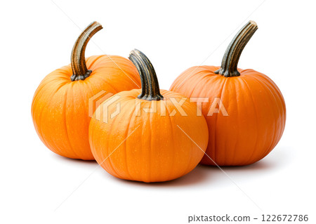 Three autumnal huge pumpkins isolated on white background 122672786