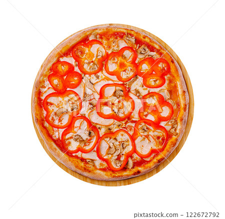 Delicious pizza topped with red bell peppers and chicken on a wooden board ready to be served Delicious pizza topped with red bell peppers and chicken on a wooden board ready to be served 122672792