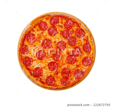Circles of flavor combine in a delicious pepperoni pizza served on a wooden platter at a casual dining setting 122672793