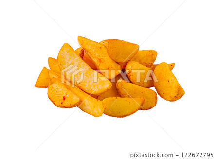 Crispy seasoned potato wedges arranged on a clean surface ready for serving Crispy seasoned potato wedges arranged on a clean surface ready for serving 122672795