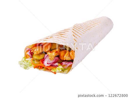Delicious wrap filled with grilled chicken, fresh vegetables, and savory sauces from a food stall at a bustling market 122672800