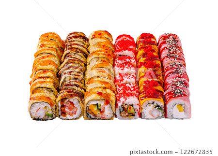 Sushi platter featuring an assortment of colorful rolls arranged neatly for a delightful dining experience 122672835