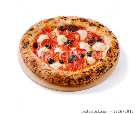 Delicious pepperoni and black olive pizza served on a wooden board with a crispy crust and melted cheese 122672912