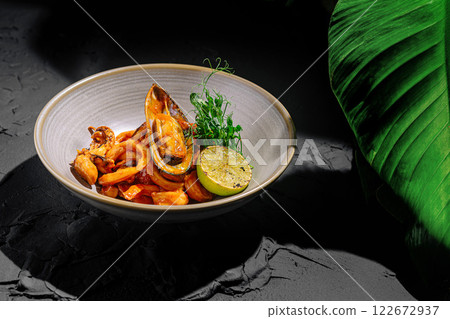 Delicious seafood dish with fresh lime and herbs in a stylish bowl on a dark textured surface Delicious seafood dish with fresh lime and herbs in a stylish bowl on a dark textured surface 122672937
