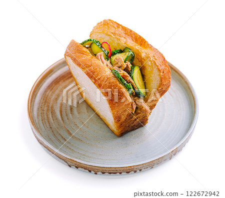 Delicious sandwich filled with tender meat and fresh vegetables on rustic plate Delicious sandwich filled with tender meat and fresh vegetables on rustic plate 122672942