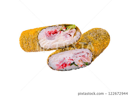 Modern sushi rolls with vibrant ingredients served on a clean white background 122672944