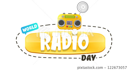 Vector World radio day horizontal banner with old cassette stereo player isolated isolated on white background. Cartoon funny world Radio day banner, label, sign, icon or poster with radio 122673057
