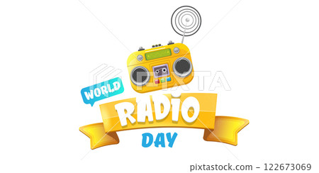 Vector World radio day horizontal banner with old cassette stereo player isolated isolated on white background. Cartoon funny world Radio day banner, label, sign, icon or poster with radio Vector World radio day horizontal banner with old cassette stereo player isolated isolated on white background. Cartoon funny world Radio day banner, label, sign, icon or poster with radio 122673069