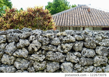 沖繩縣竹富島房屋的石牆和屋頂 沖繩縣竹富島房屋的石牆和屋頂 122673078