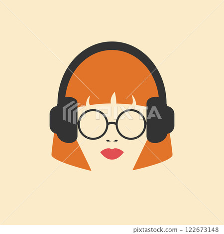 Abstract minimalist portrait of a female face in headphones and eyeglasses. Woman in headphones icon. Vector illustration 122673148