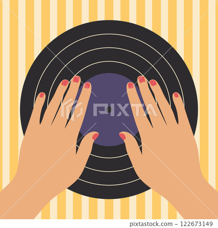 Minimalist poster with female hands on vinyl record. Music concept with gramophone record in retro style. Vector illustration 122673149