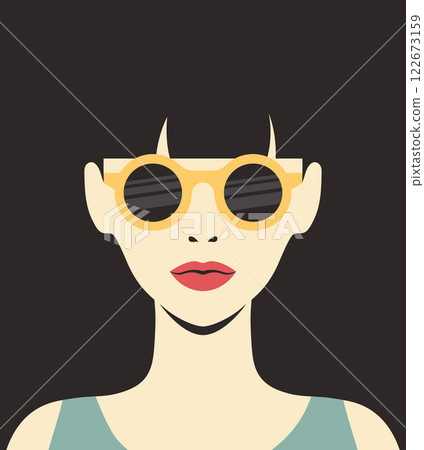 Woman in sunglasses retro poster. Abstract minimalist portrait of a female face in sunglasses. Vector illustration Woman in sunglasses retro poster. Abstract minimalist portrait of a female face in sunglasses. Vector illustration 122673159
