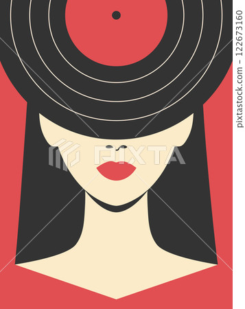 Abstract minimalist poster with woman face in vinyl record hat covering her eyes. Music festival poster template in retro style. Vector illustration Abstract minimalist poster with woman face in vinyl record hat covering her eyes. Music festival poster template in retro style. Vector illustration 122673160