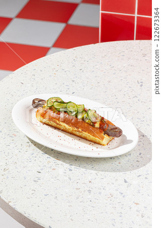 Fresh hotdog with cucumber and jalapeno 122673364