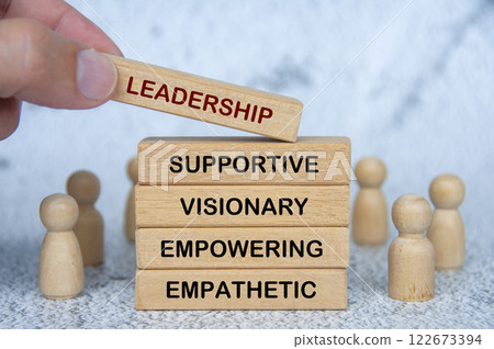 LEADERSHIP, SUPPORTIVE, VISIONARY, EMPOWERING and EMPATHETIC text on wooden blocks. Leadership concept. 122673394