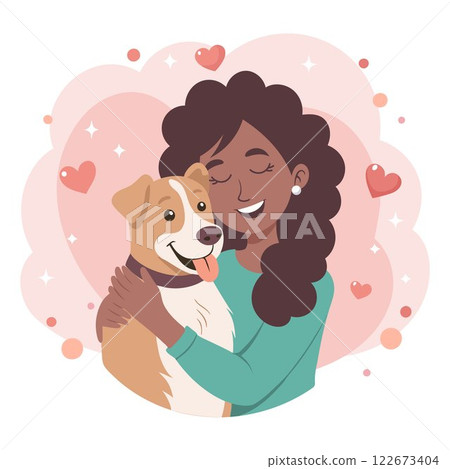 Cute happy young woman hugging dog. Pet owner. Dog lover. Flat style illustration. Cute happy young woman hugging dog. Pet owner. Dog lover. Flat style illustration. 122673404