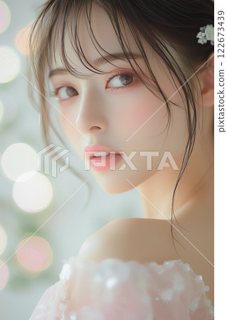 Portrait of a young woman looking back. Ideal material for beauty and cosmetics advertising design 122673439