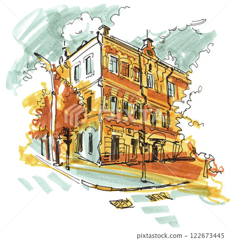 Painted watercolor landscape with a building in the foreground 122673445