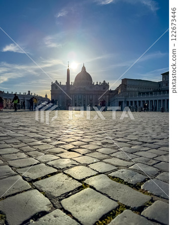 Vatican City's St. Peter's Square, cobblestone ground, sunny day. High quality photo 122673446