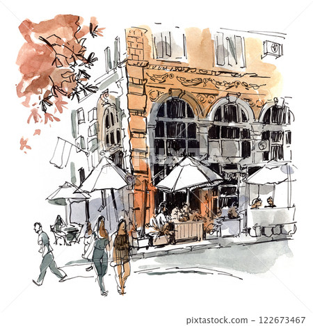 Painted watercolor landscape with a building in the foreground 122673467