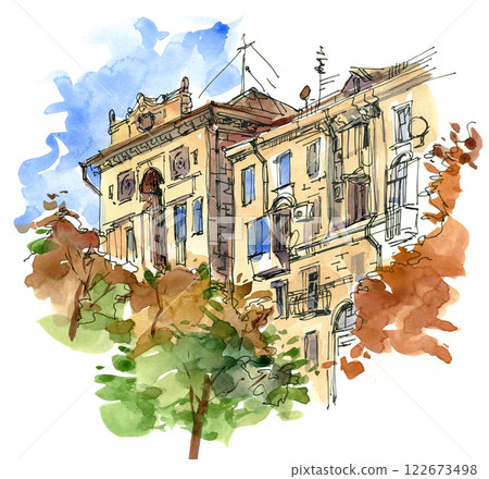 Painted watercolor landscape with a building in the foreground Painted watercolor landscape with a building in the foreground 122673498