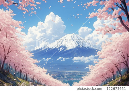 盛開的櫻花樹和白雪皚皚的富士山。日本的春天風景 122673631