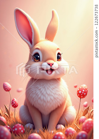 Easter bunny among colorful eggs. 122673738