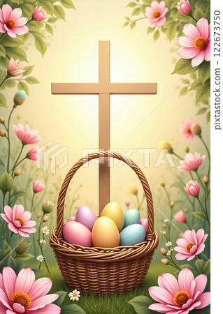 Easter scene with cross, eggs, flowers, and greenery. 122673750