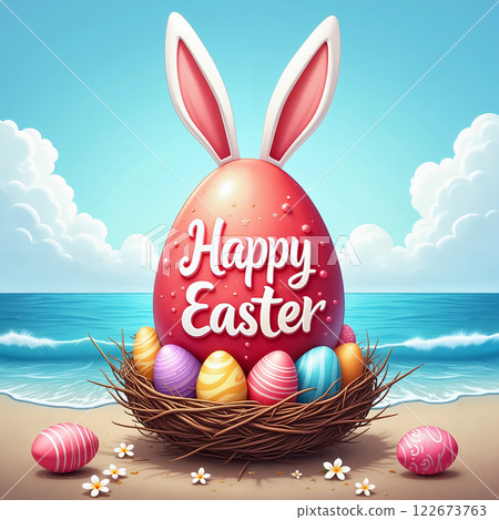 Easter scene on beach with large pink egg. 122673763