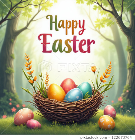 Easter scene with eggs and flowers. 122673764