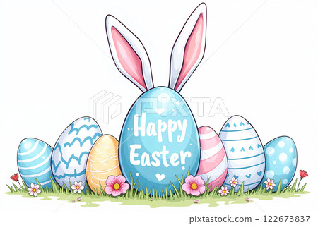 Easter scene with blue egg and bunnies. 122673837