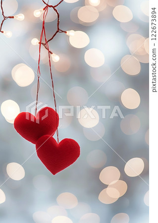 Two adorable red hearts on a shimmering background for valentine's day 122673894