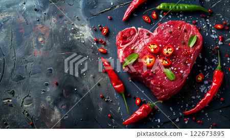 Delicious heart-shaped beef steak on dark background, a top view delight 122673895