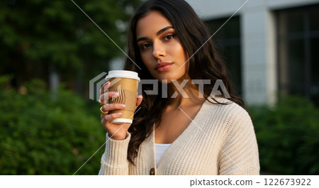 Portrait of a woman holding a cup of coffee 122673922