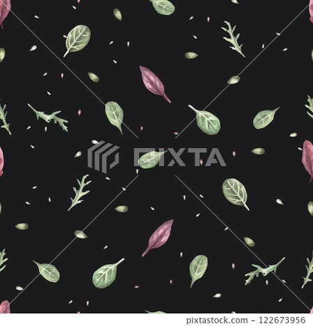 Seamless pattern with salad leaves on a black background. Watercolor illustration on the theme of breakfast for the design of cafes and restaurant menus, interior decoration and wrapping paper. 122673956