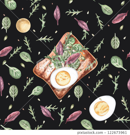 Seamless pattern with toast and boiled egg on black background. Watercolor illustration on breakfast theme in realistic style for restaurant menu design, interior decoration and wrapping paper 122673961
