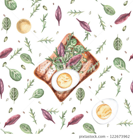 Seamless pattern with toast and boiled egg on white background. Watercolor illustration on breakfast theme in realistic style for restaurant menu design, interior decoration and wrapping paper 122673962