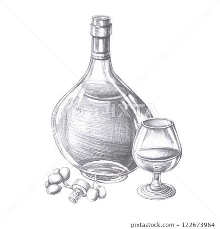 Bottle of cognac, glass and grapes in pencil. Isolated illustration on the theme of alcoholic drinks for menu design, cookbook, gastronomic magazines and festivals. Bottle of cognac, glass and grapes in pencil. Isolated illustration on the theme of alcoholic drinks for menu design, cookbook, gastronomic magazines and festivals. 122673964