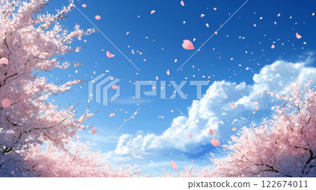 一幅日本春季風景畫,櫻花花瓣在空中飄落。背景是藍天和雲彩 一幅日本春季風景畫,櫻花花瓣在空中飄落。背景是藍天和雲彩 122674011