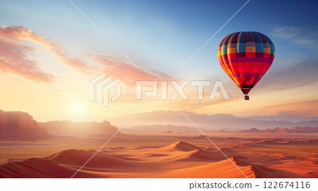 Photo focus hot air balloon over the desert beautifull . Generate AI Photo focus hot air balloon over the desert beautifull . Generate AI 122674116
