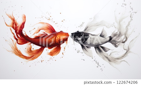Photo focus two koi fish swimming in the water . Generate Ai 122674206