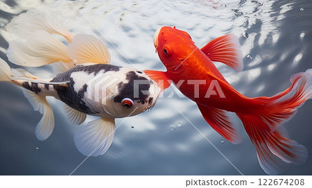 Photo focus two koi fish swimming in the water . Generate Ai 122674208
